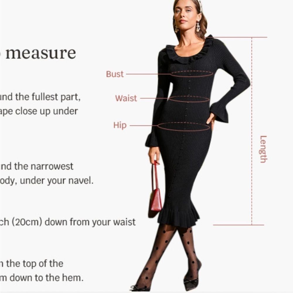 Black Ruffle Ribbed Knit Sweater Dress Long Sleeve Bodycon Maxi Dress - Picture 7 of 8